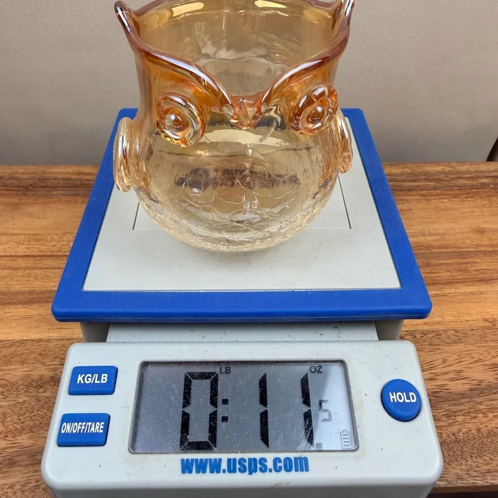 Vintage‎ Amber Crackle Glass Owl Votive Holder Yellow Iridescent Bird 4 inch